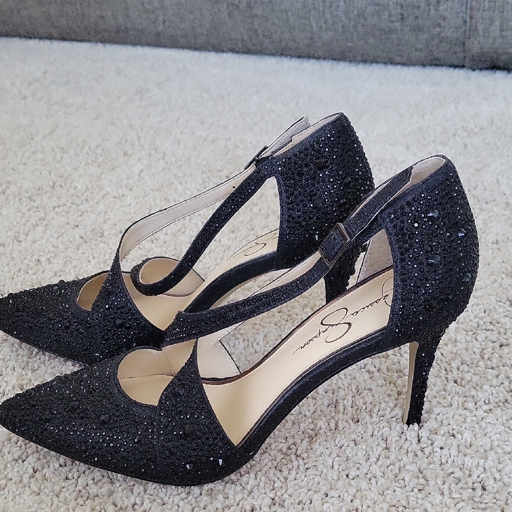 Jessica Simpson Accile Black Embellished Pointed Toe Heels Size 8.5
